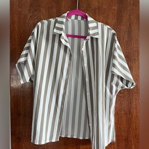 Tan and white striped shirt sleeve button down
